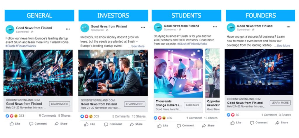 Slush campaigns on Meta targeting different audience groups.