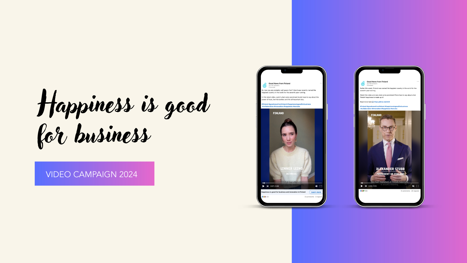 Visuals from 'Happiness is good for business' social media campaign 2024.